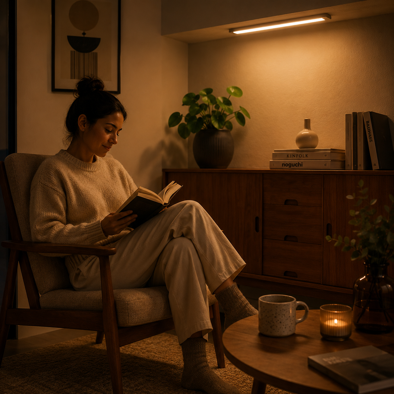 Mujer leyendo en un sillón bajo la luz cálida de una barra LED Lúmina