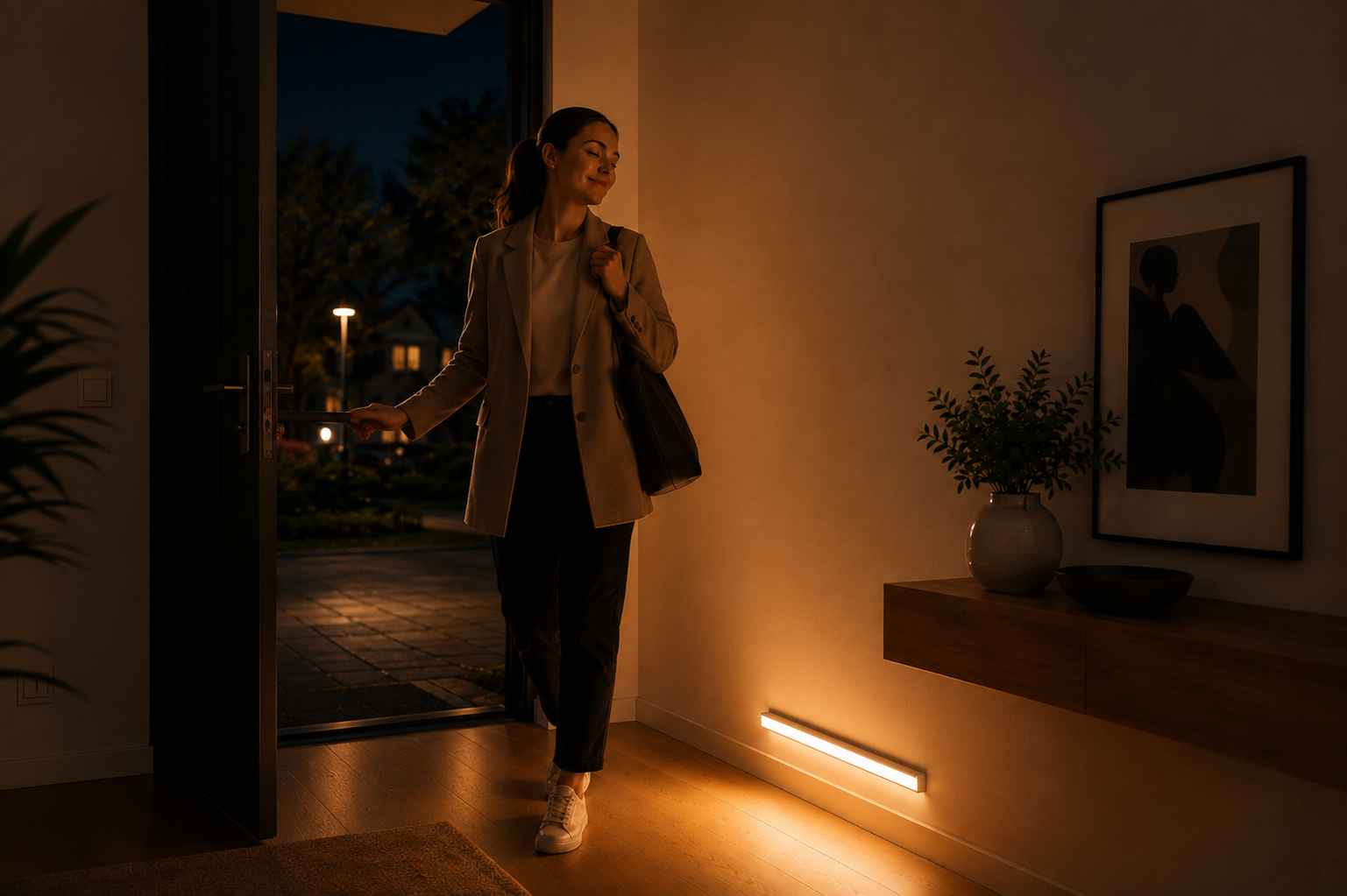 Lumina iluminando la entrada del hogar al regresar a casa