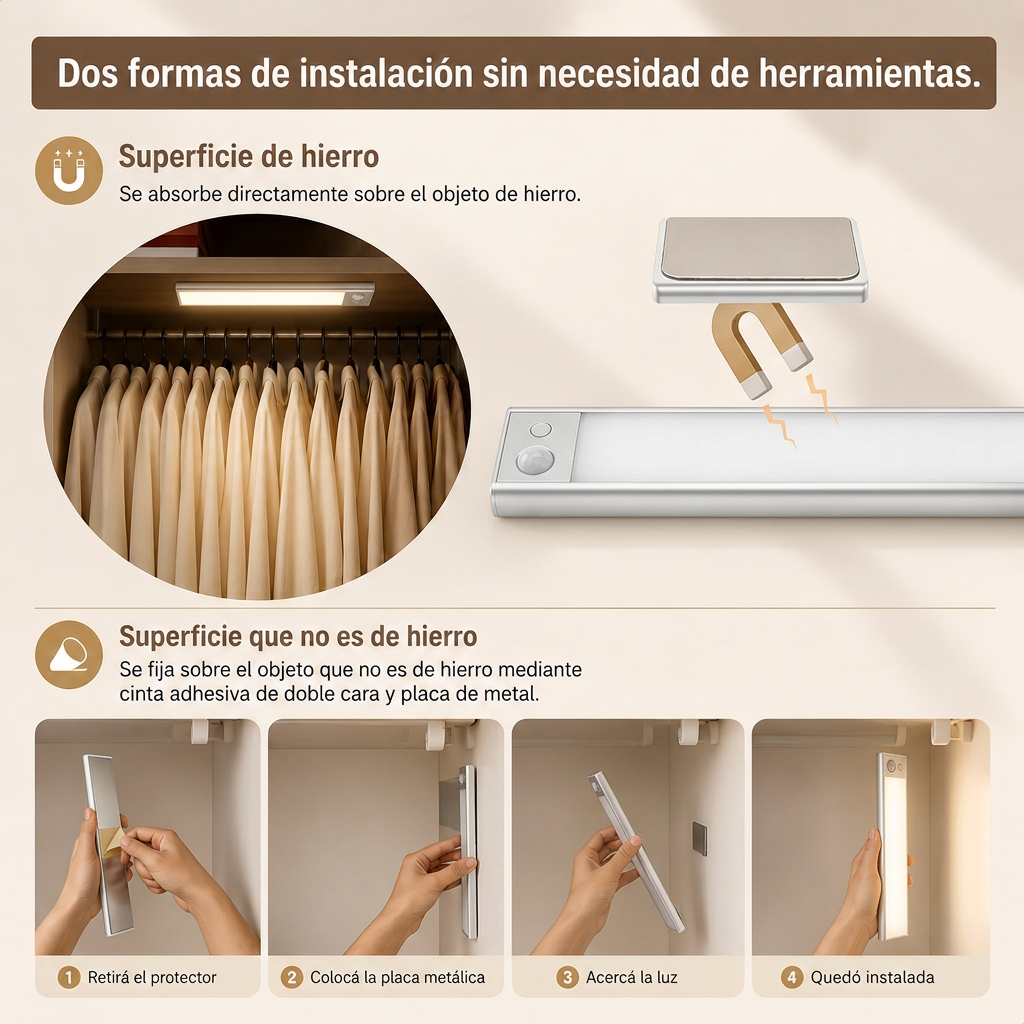 Dos formas de instalación de Lúmina sin herramientas: superficie de hierro y placa metálica adhesiva