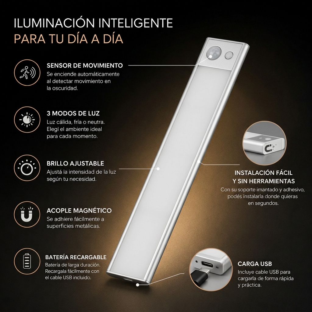 Sensor de movimiento, 3 modos de luz, brillo ajustable, acople magnético