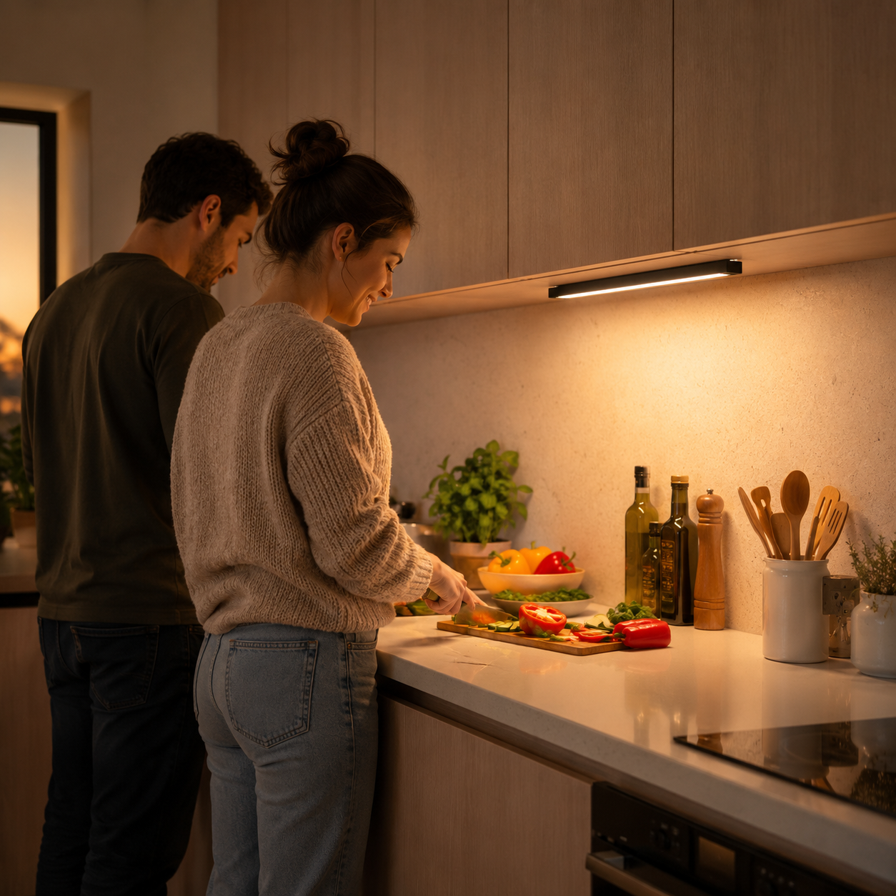 Pareja cocinando bajo la luz cálida de Lúmina